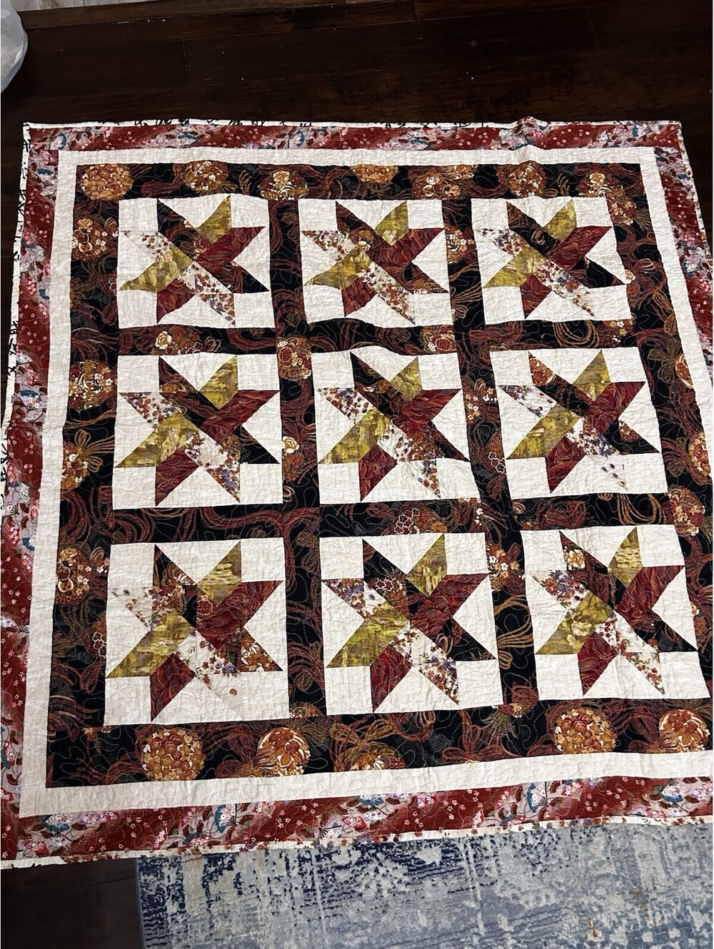 Handmade Patchwork Throw Quilt 54x55 Ohio Star Pattern Vintage Earth Tones Fall